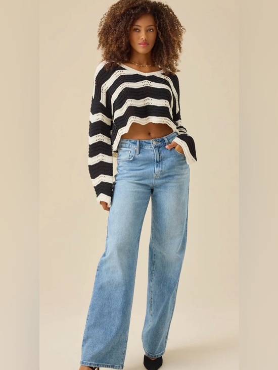 NWT Altar’d State Cora Textured Sweater Black Cream Striped Crochet Bell Sleeve - Picture 2 of 5